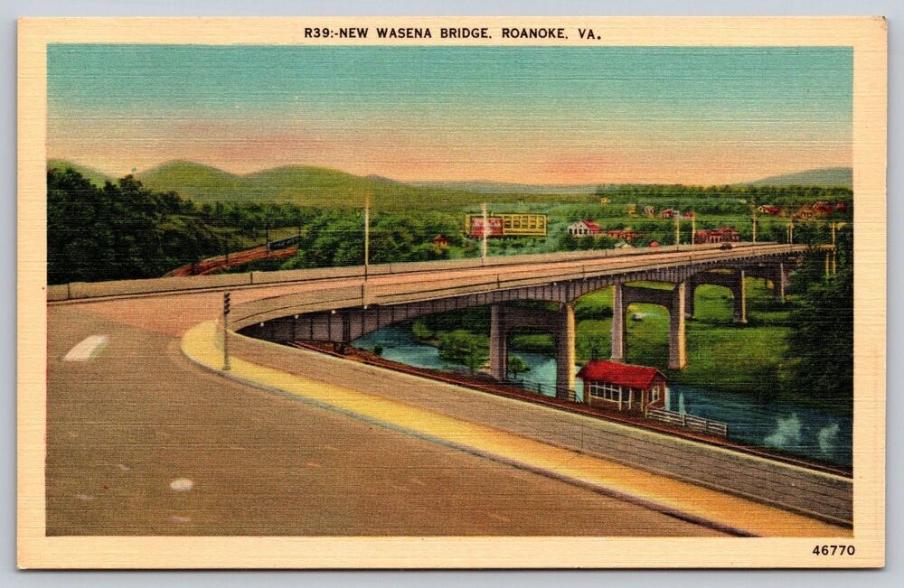 Vintage Linen Postcard R39 New Wasena Bridge Roanoke VA Roanoke River 1940s WWII